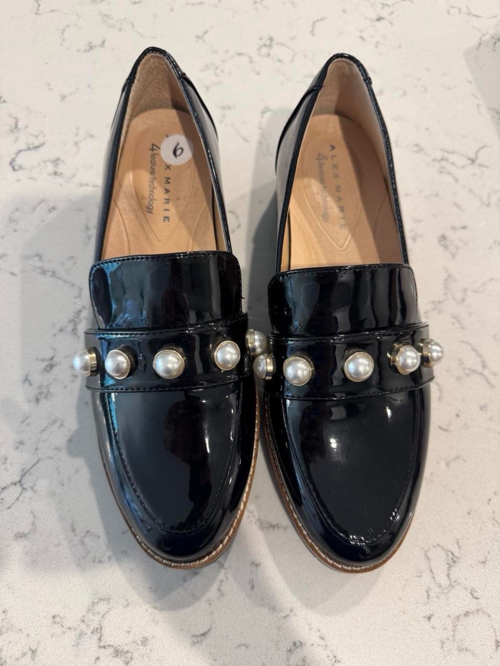 Alex Marie Black Patent Loafers with Pearl Trim